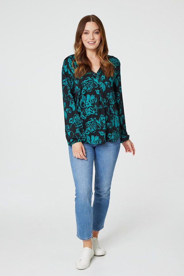 Green | Floral Long Sleeve Relaxed Blouse