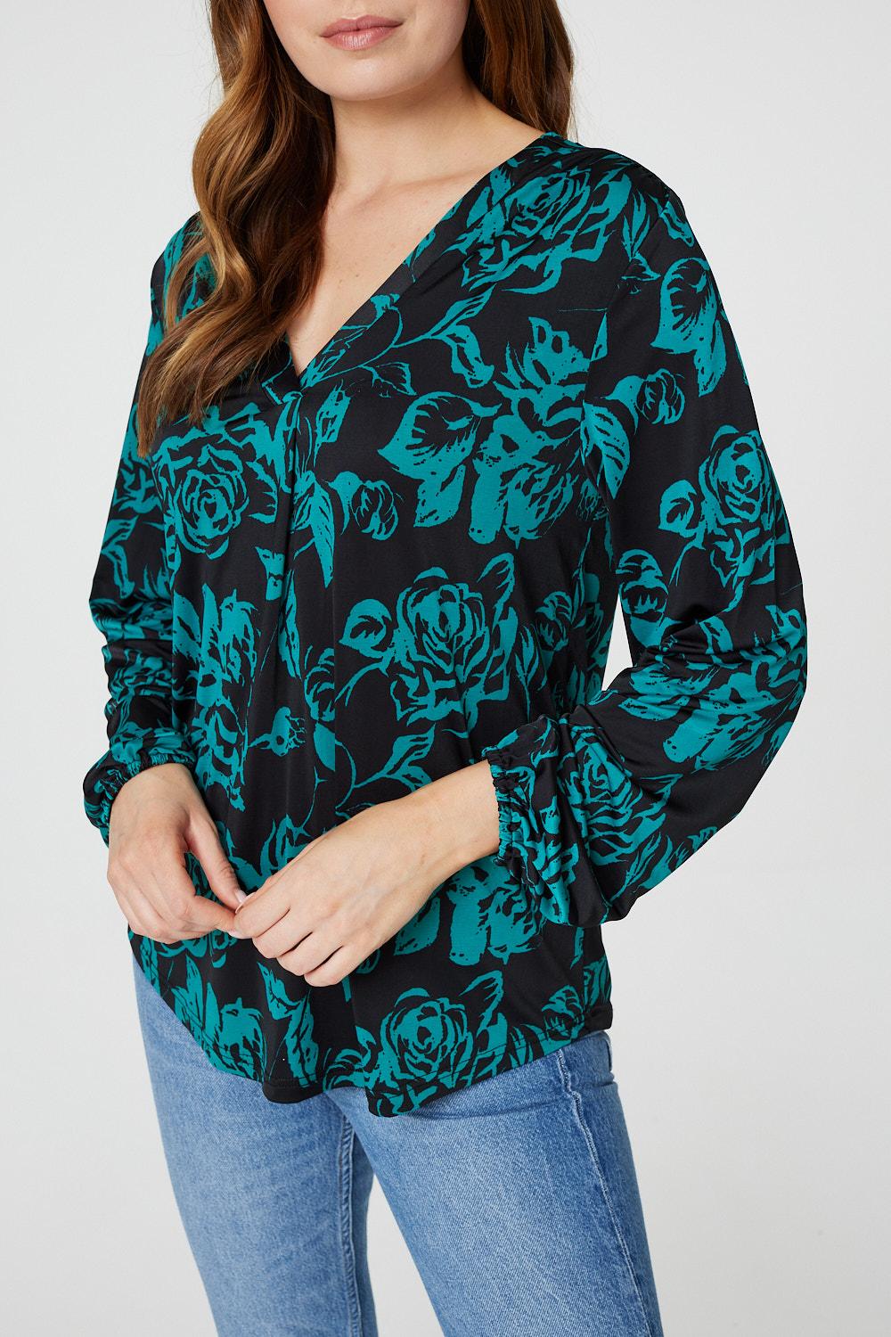 Green | Floral Long Sleeve Relaxed Blouse