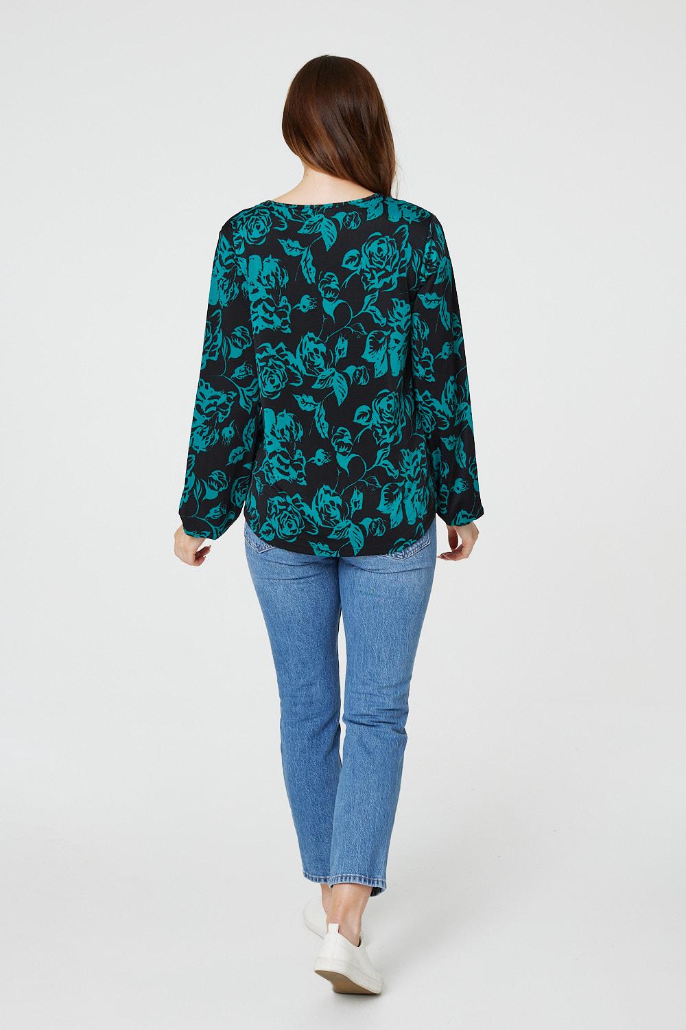 Green | Floral Long Sleeve Relaxed Blouse