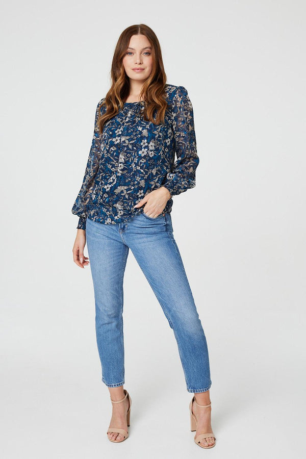 Blue | Floral Long Sleeved Blouse Top : Model is 5'9"/175 cm and wears UK8/EU36/US4/AUS8