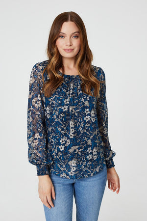 Blue | Floral Long Sleeved Blouse Top