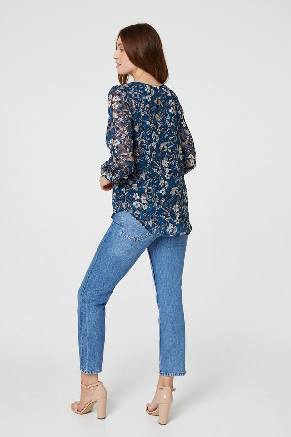 Blue | Floral Long Sleeved Blouse Top