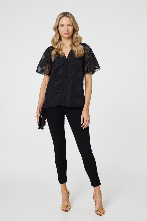 Black| Floral Lace Detail Flared Sleeve Blouse