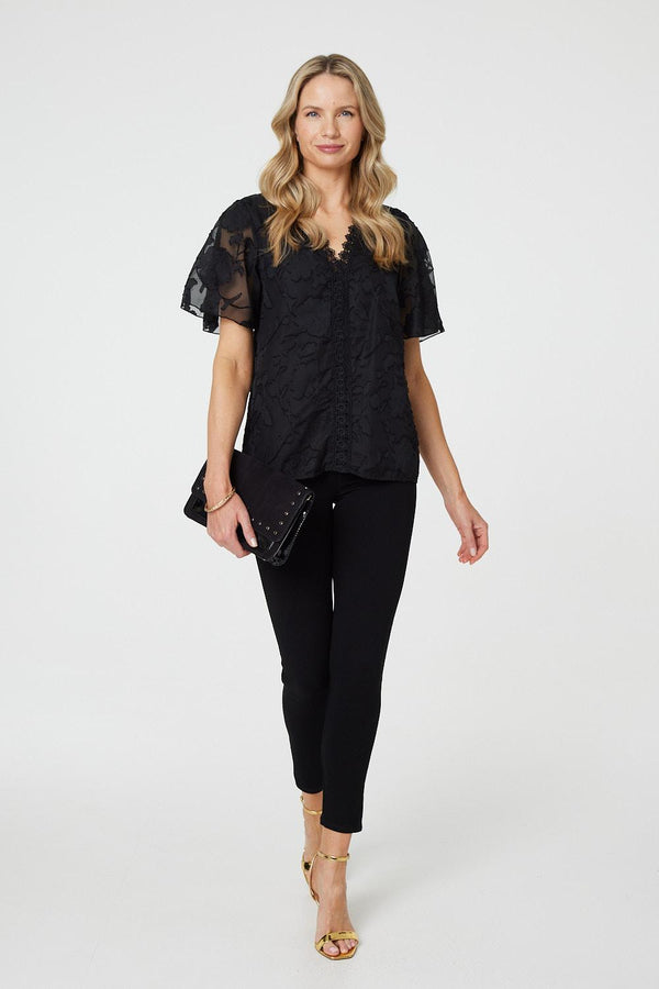 Black| Floral Lace Detail Flared Sleeve Blouse