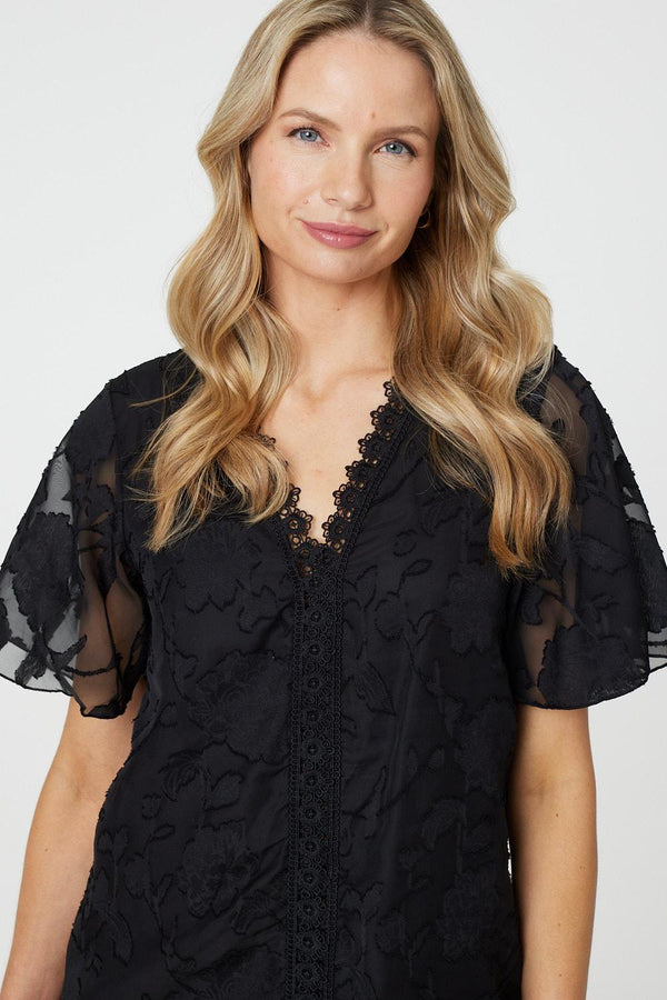 Black| Floral Lace Detail Flared Sleeve Blouse