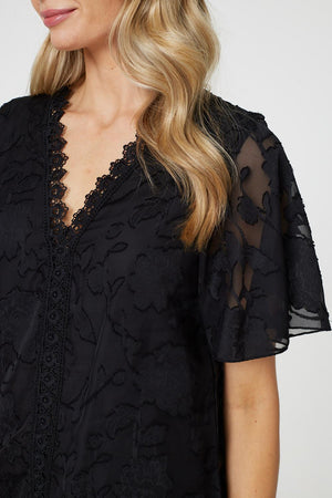 Black| Floral Lace Detail Flared Sleeve Blouse