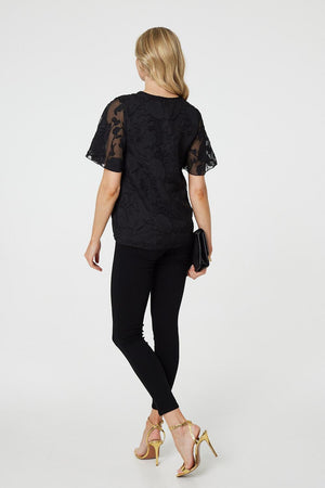 Black| Floral Lace Detail Flared Sleeve Blouse