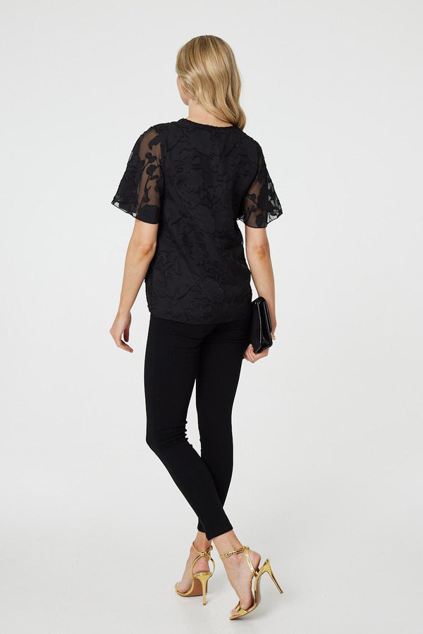 Black| Floral Lace Detail Flared Sleeve Blouse