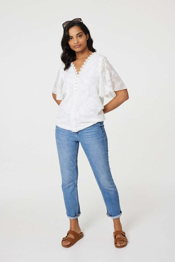 White | Floral Lace Detail Flared Sleeve Blouse