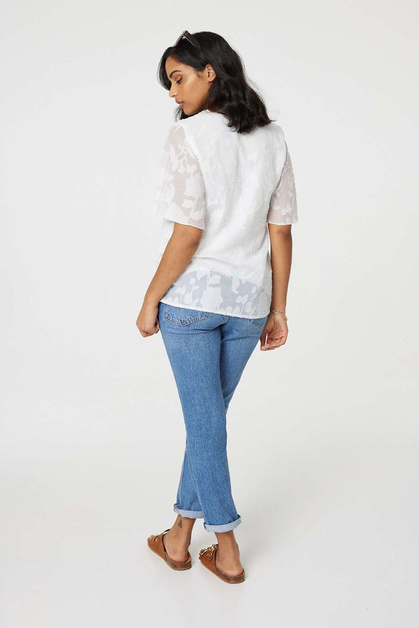White | Floral Lace Detail Flared Sleeve Blouse