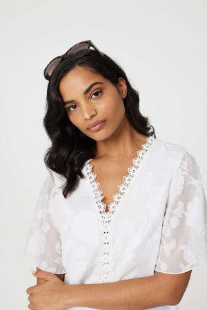 White | Floral Lace Detail Flared Sleeve Blouse