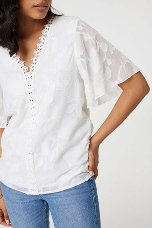 White | Floral Lace Detail Flared Sleeve Blouse