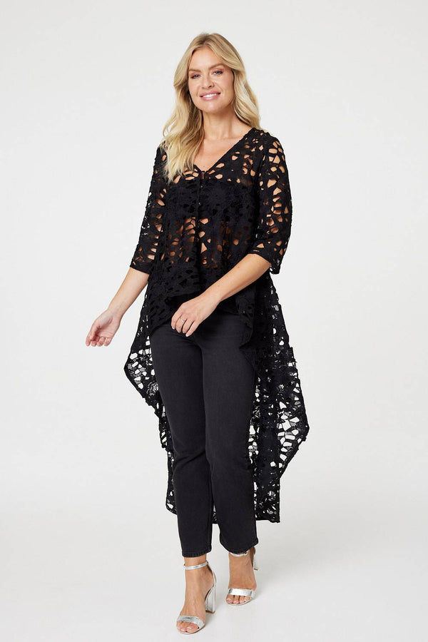 Black | Lace Semi Sheer Drop Hem Top