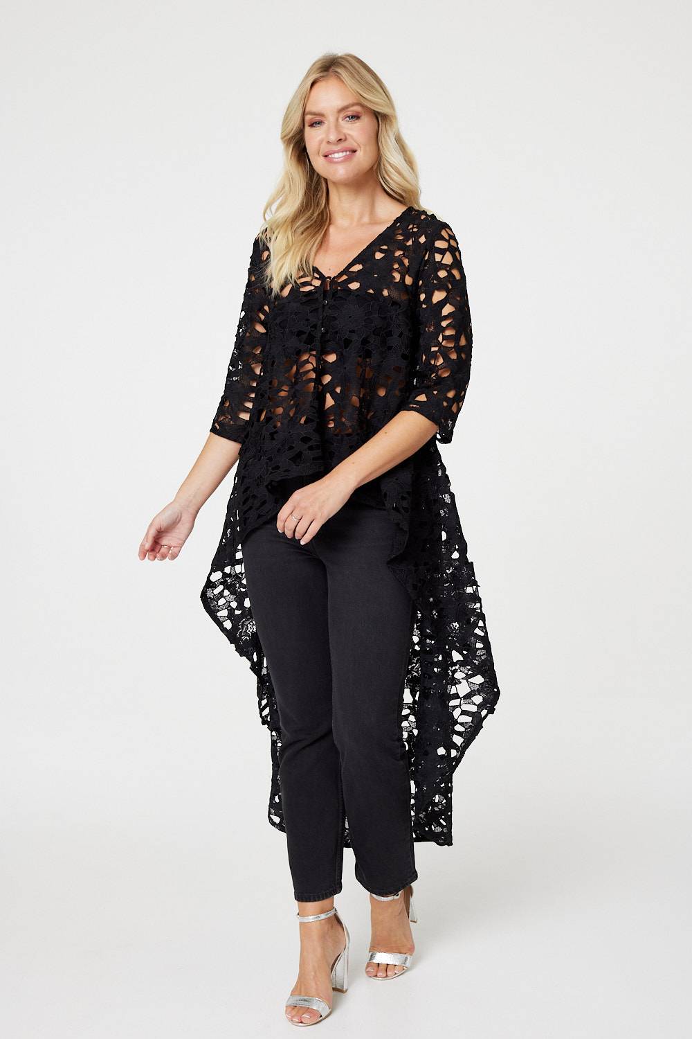 Black | Lace Semi Sheer Drop Hem Top