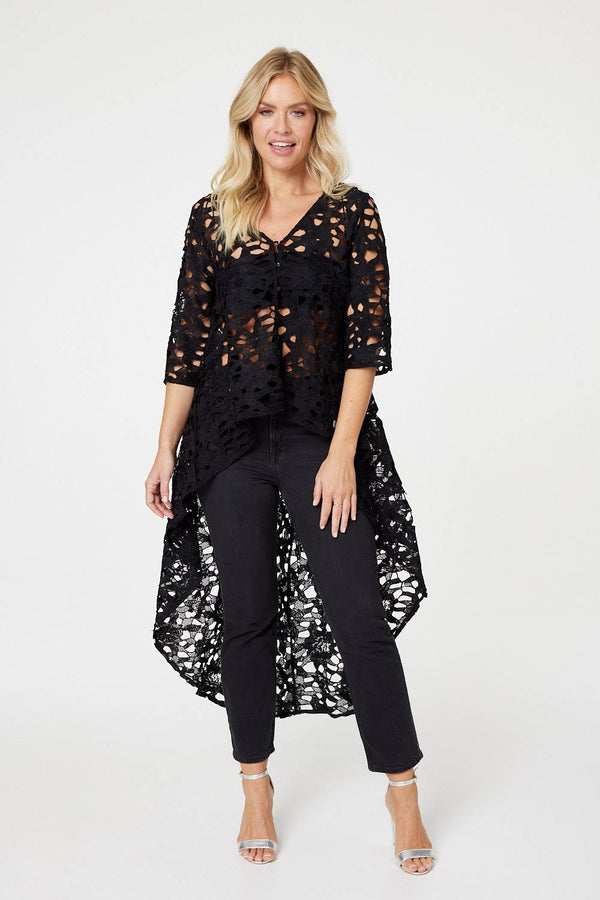Black | Lace Semi Sheer Drop Hem Top