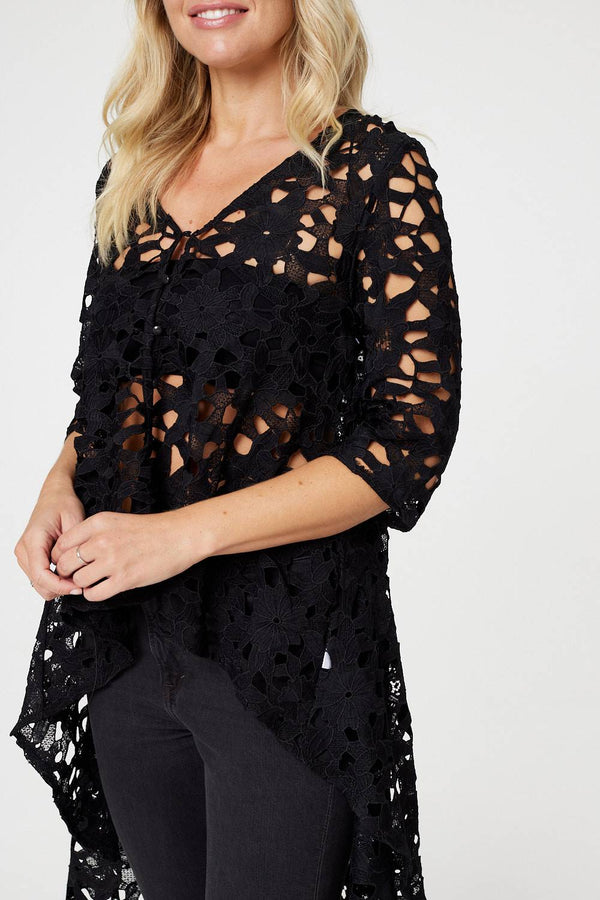 Black | Lace Semi Sheer Drop Hem Top