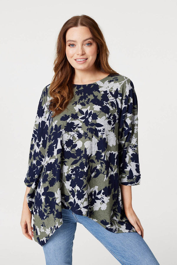 Green | Leaf Print Oversized Blouse Top