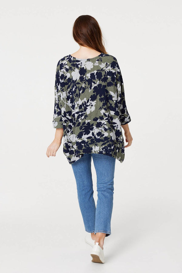 Green | Leaf Print Oversized Blouse Top