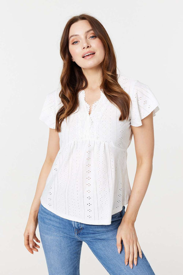 White | Broderie Anglaise Lace Trim Blouse