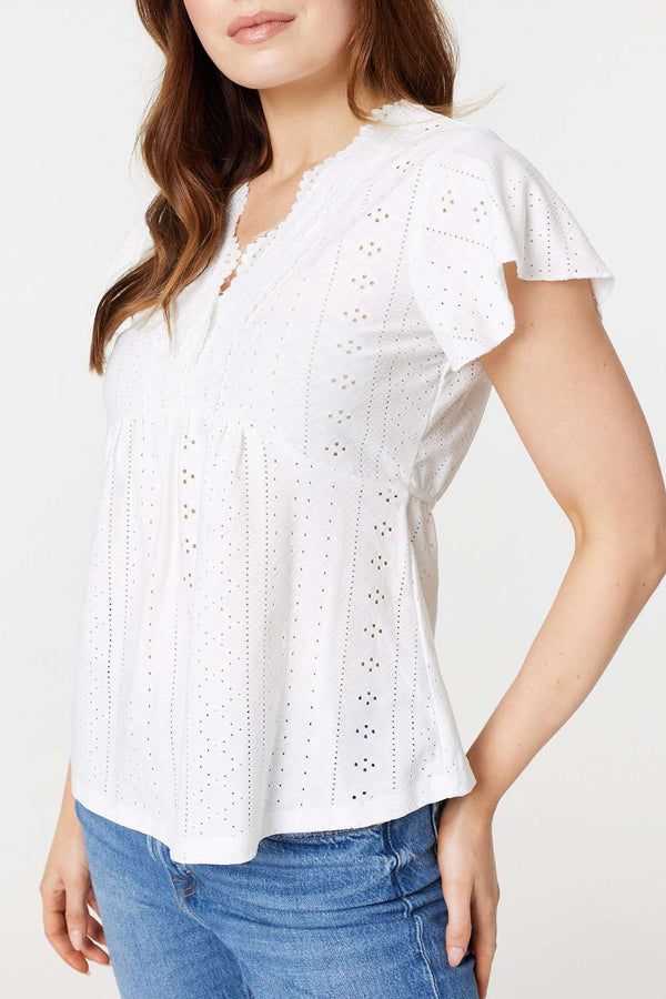 White | Broderie Anglaise Lace Trim Blouse
