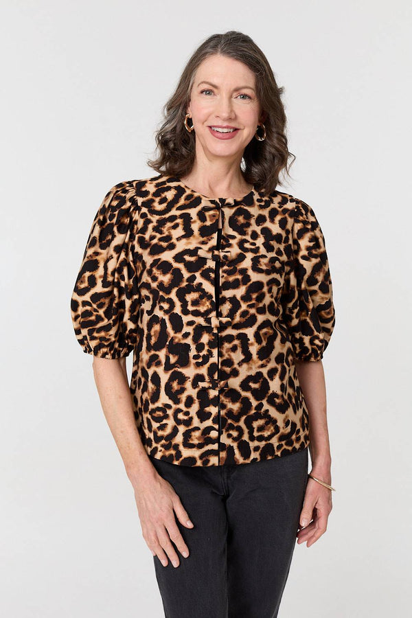 Beige | Animal Print Bow Front Puff Sleeve Shirt
