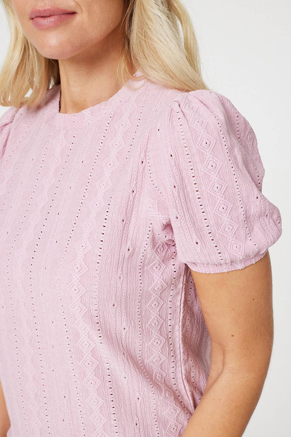 Pink | Textured Puff Sleeve Blouse