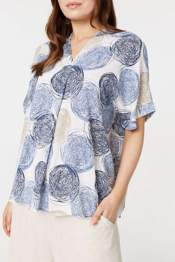 Blue | Printed V-Neck 1/2 Sleeve Blouse
