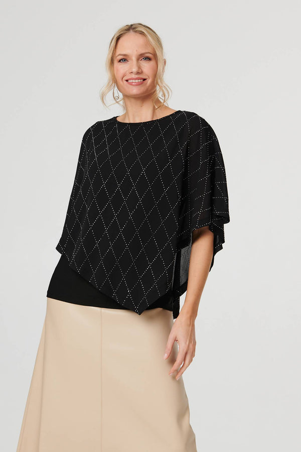 Black | Geo Print Cut-Out 1/2 Sleeve Blouse
