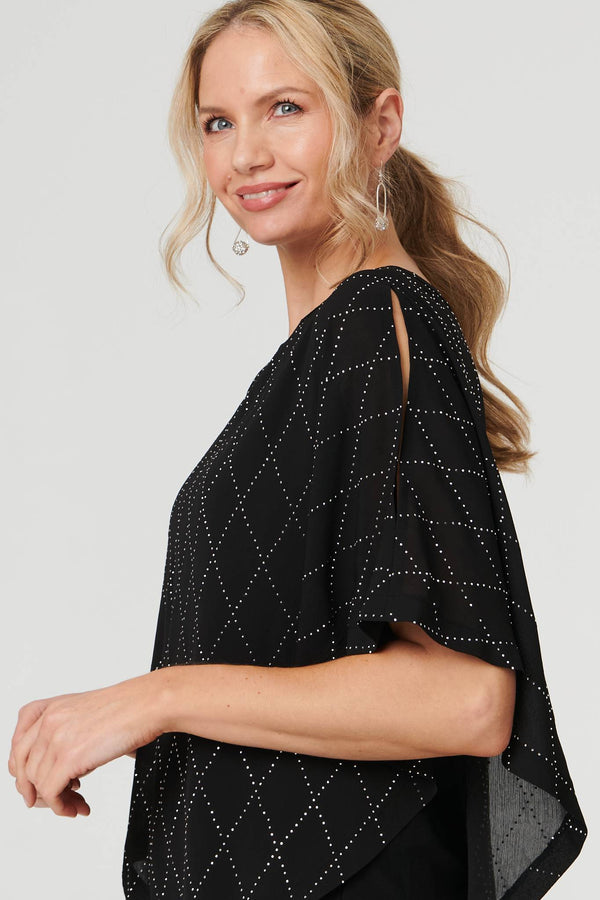 Black | Geo Print Cut-Out 1/2 Sleeve Blouse
