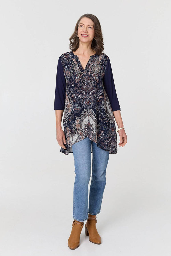 Navy | Paisley 3/4 Sleeve Semi Sheer Tunic Top
