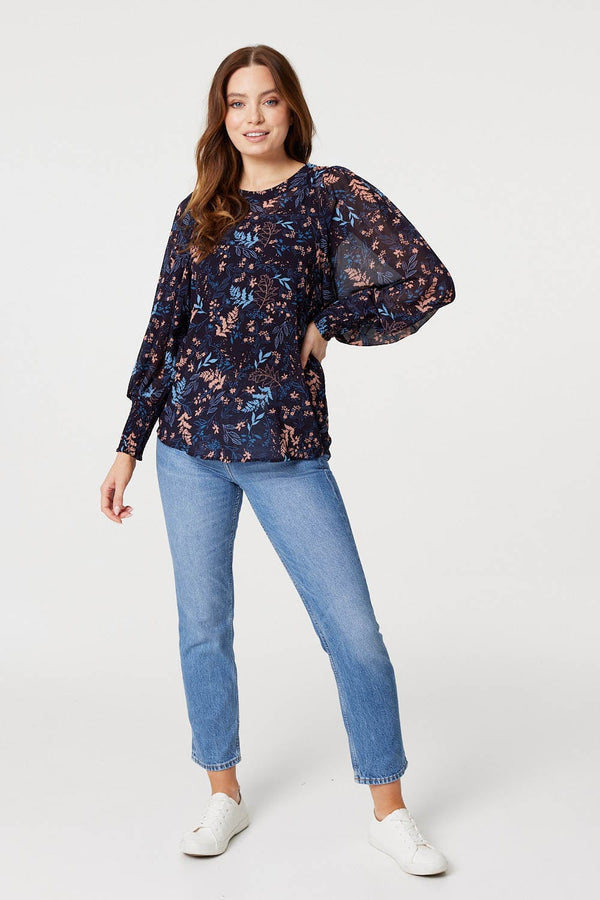 Navy | Leaf Print Semi Sheer Blouse