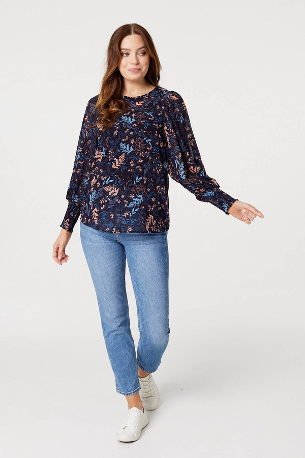 Navy | Leaf Print Semi Sheer Blouse