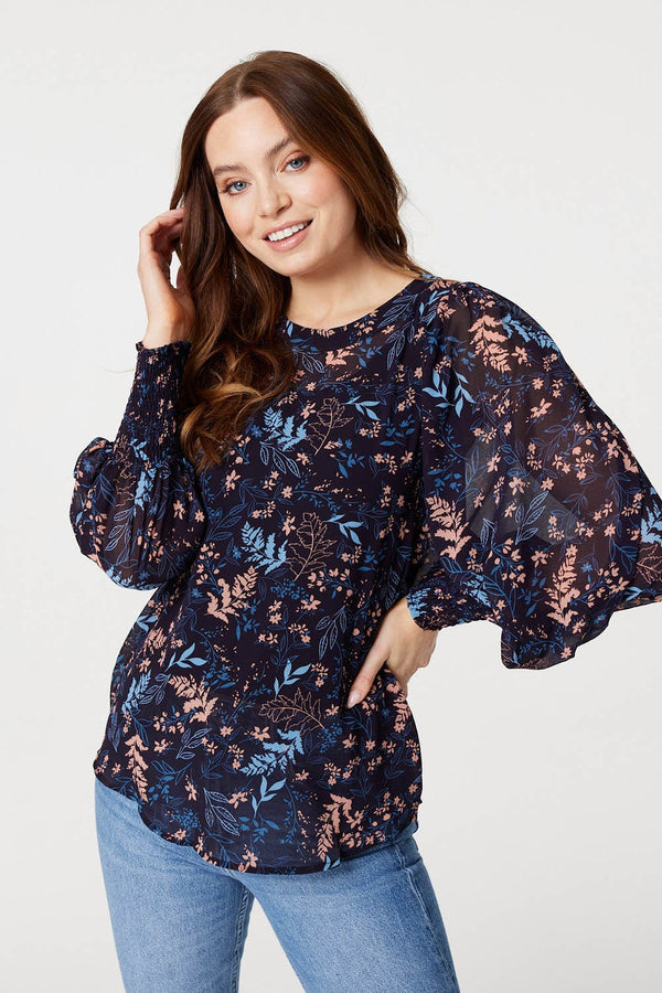 Navy | Leaf Print Semi Sheer Blouse