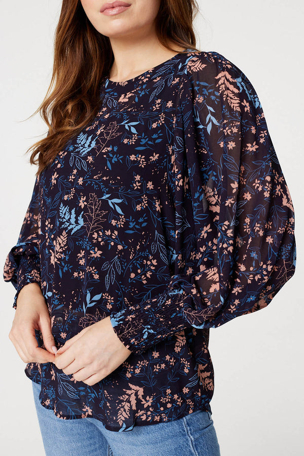 Navy | Leaf Print Semi Sheer Blouse