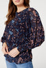 Navy | Leaf Print Semi Sheer Blouse