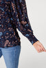 Navy | Leaf Print Semi Sheer Blouse