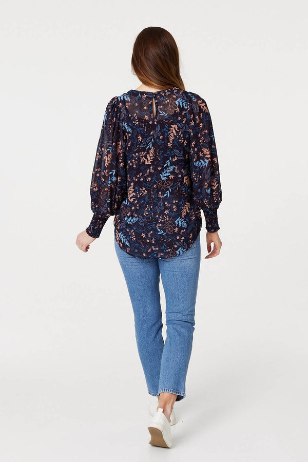 Navy | Leaf Print Semi Sheer Blouse