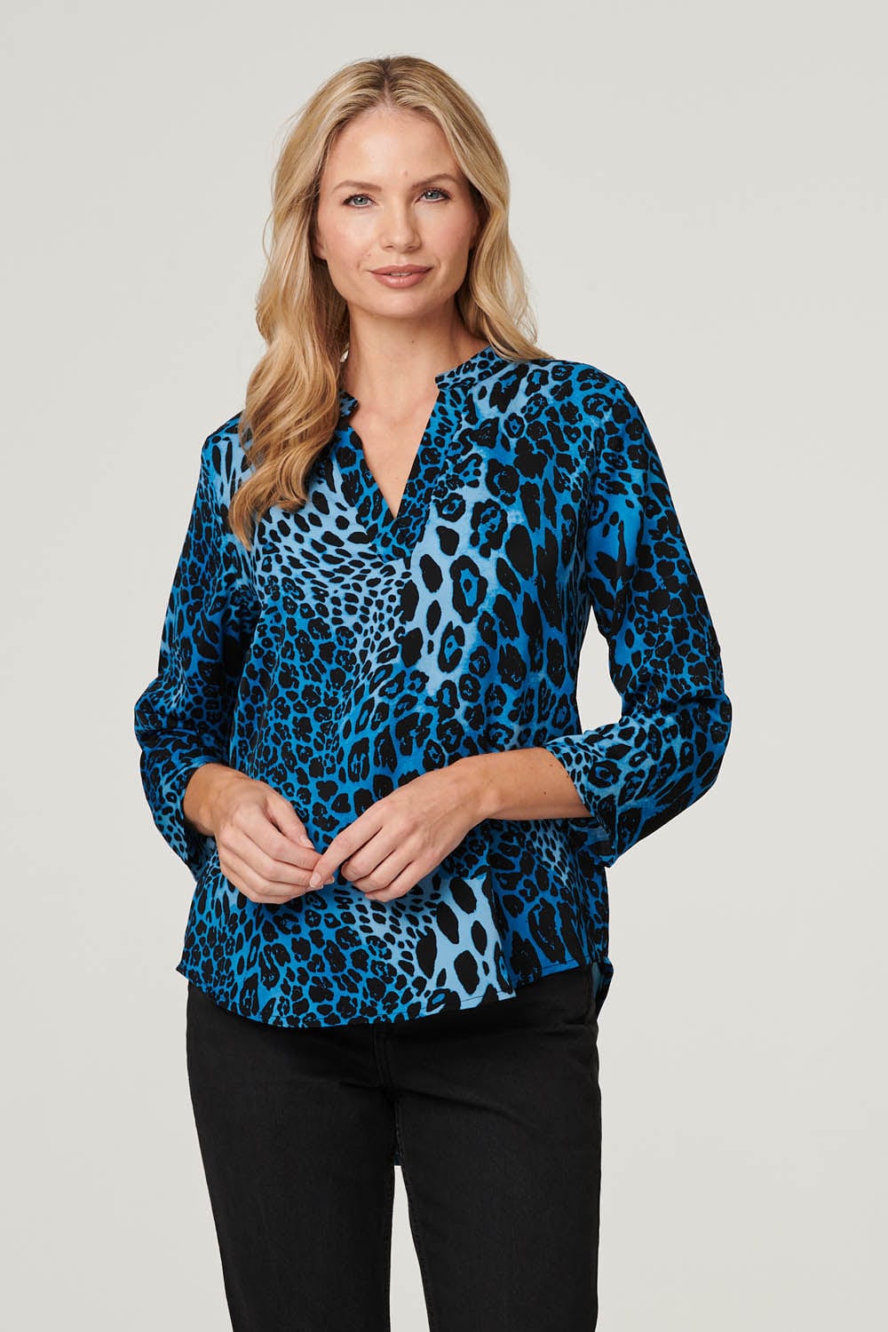 Blue | Leopard Print Collarless Blouse : Model is 5'10"/178 cm and wears UK10/EU38/US6/AUS10