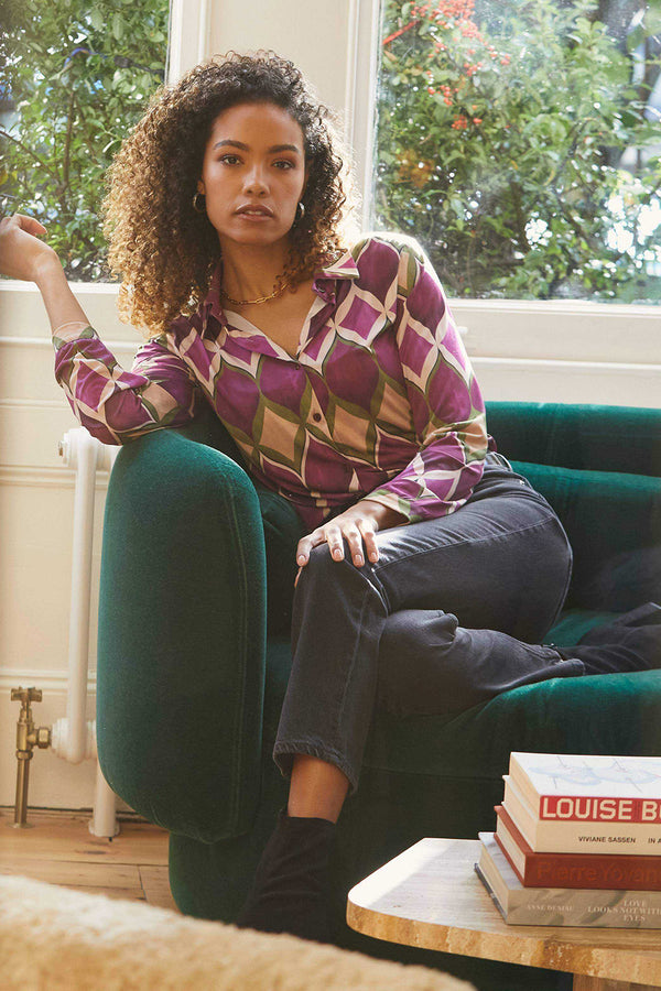 Purple | Geo Print Button Front Shirt
