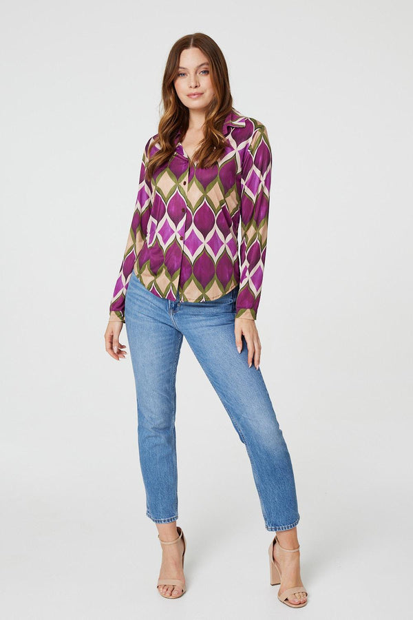 Purple | Geo Print Button Front Shirt : Model is 5'9"/175 cm and wears UK8/EU36/US4/AUS8
