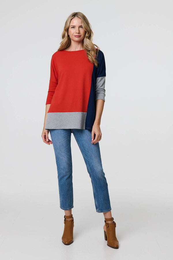 Orange | Colour Block Long Sleeve Relaxed Top
