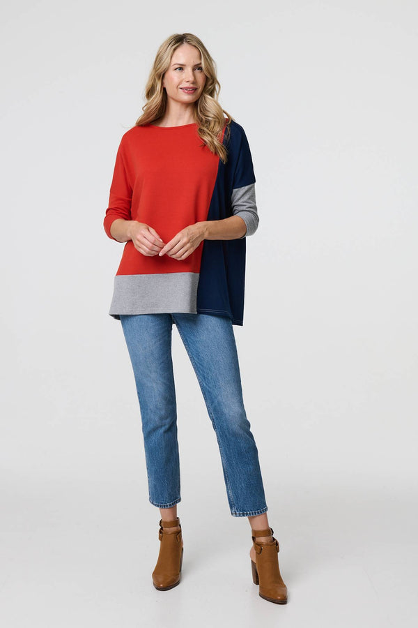 Orange | Colour Block Long Sleeve Relaxed Top
