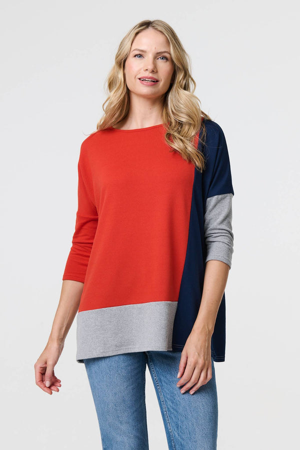 Orange | Colour Block Long Sleeve Relaxed Top
