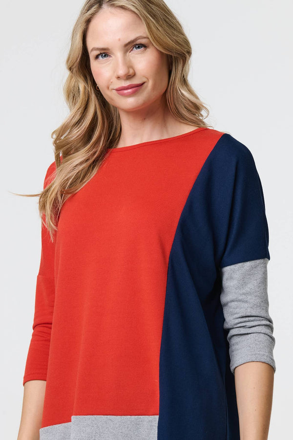 Orange | Colour Block Long Sleeve Relaxed Top
