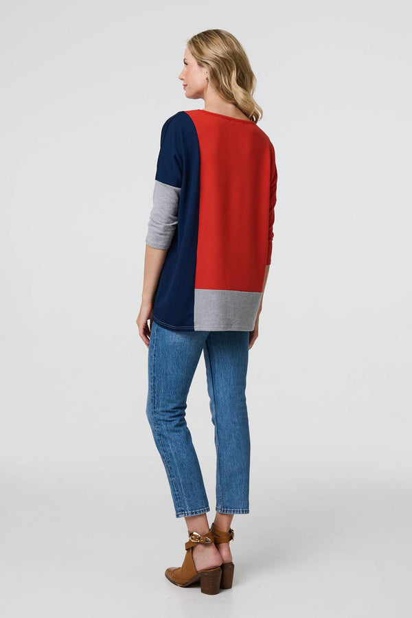 Orange | Colour Block Long Sleeve Relaxed Top
