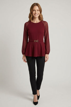 Red | Belt Detail Semi Sheer Peplum Top