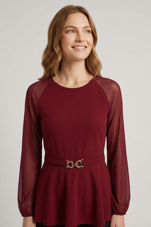 Red | Belt Detail Semi Sheer Peplum Top
