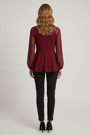 Red | Belt Detail Semi Sheer Peplum Top
