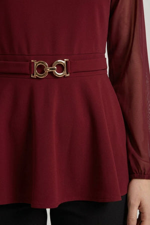 Red | Belt Detail Semi Sheer Peplum Top
