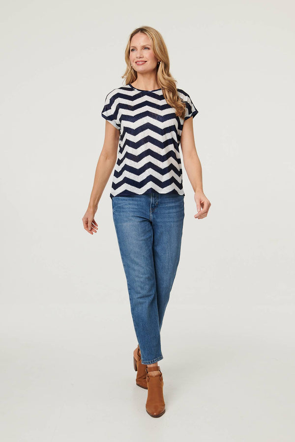 Navy | Zig Zag Cap Sleeve Slim Fit Top
